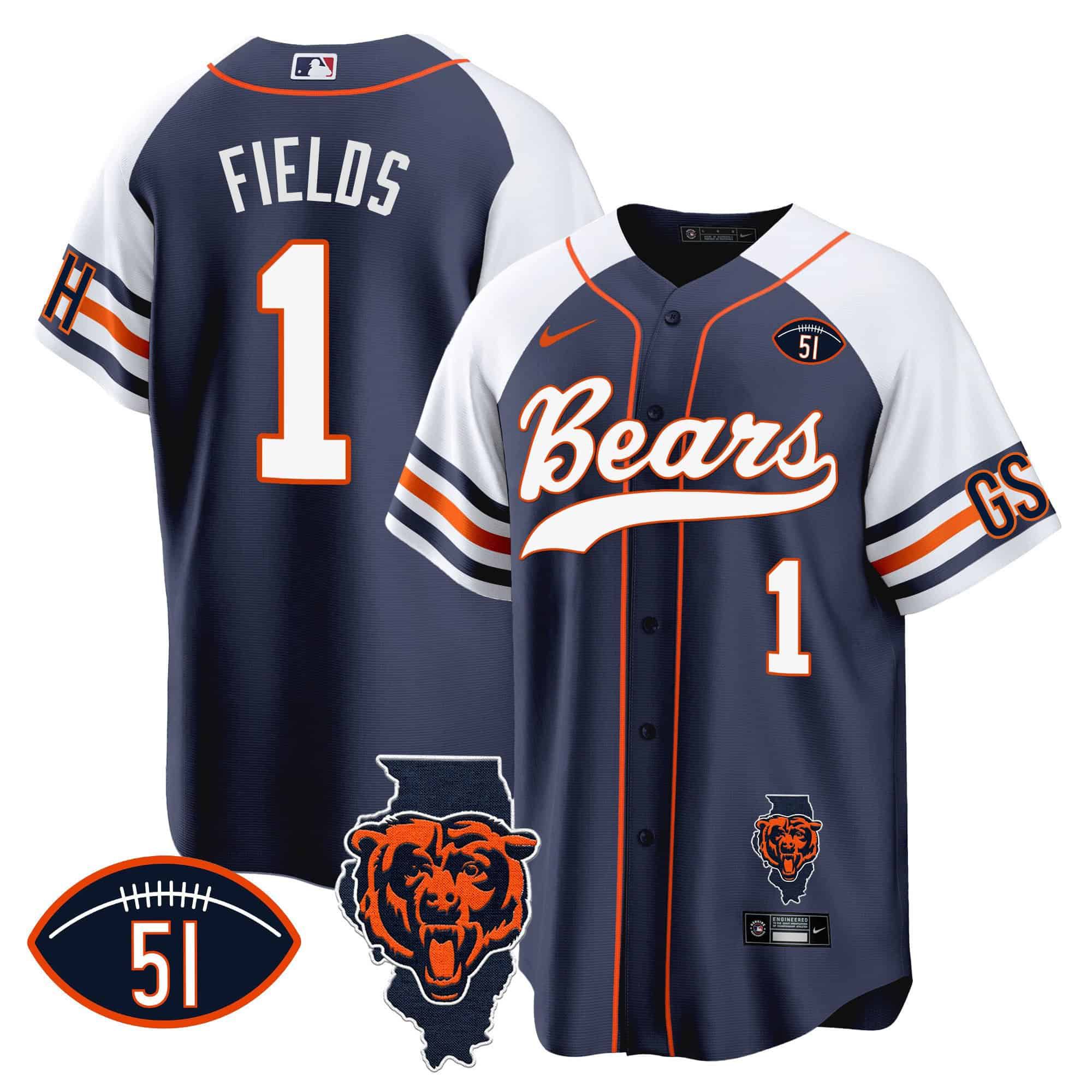 Men Chicago Bears #1 Fields Blue 2024 Nike Patch Baseball NFL Jersey